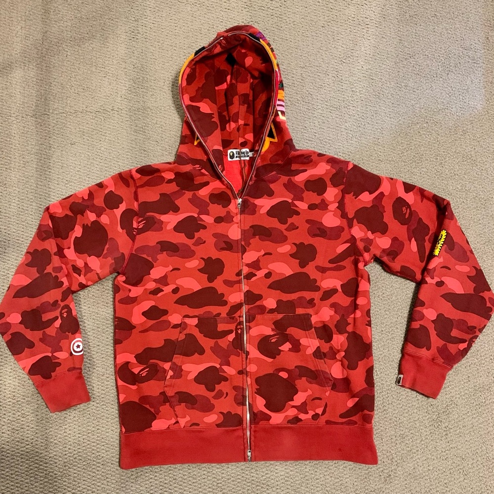Bape “A bathing Ape” red camo tiger shark hoodie